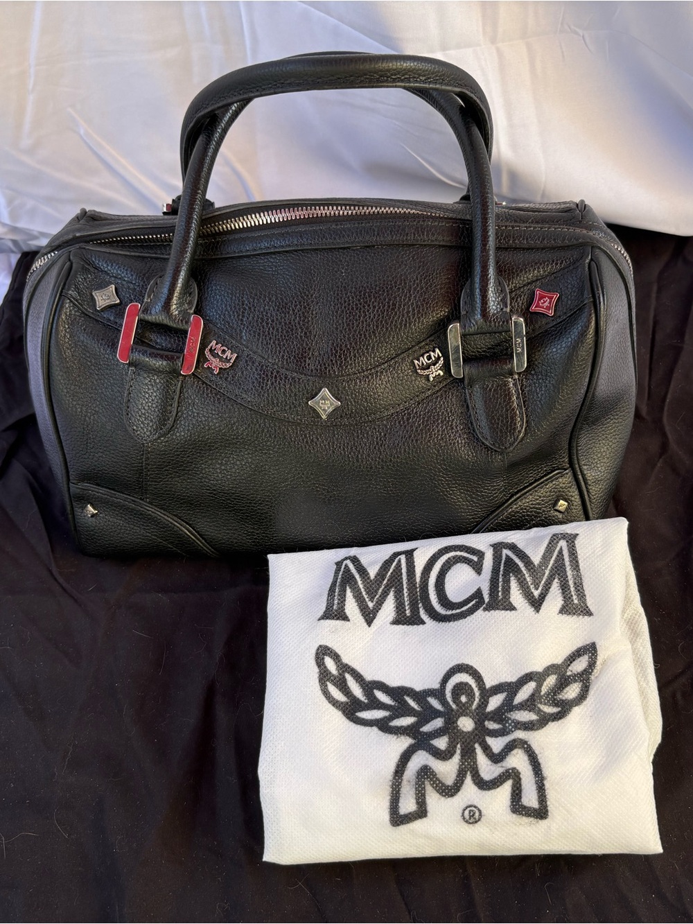 MCM Black Leather Duffel with silver Accent Hardware